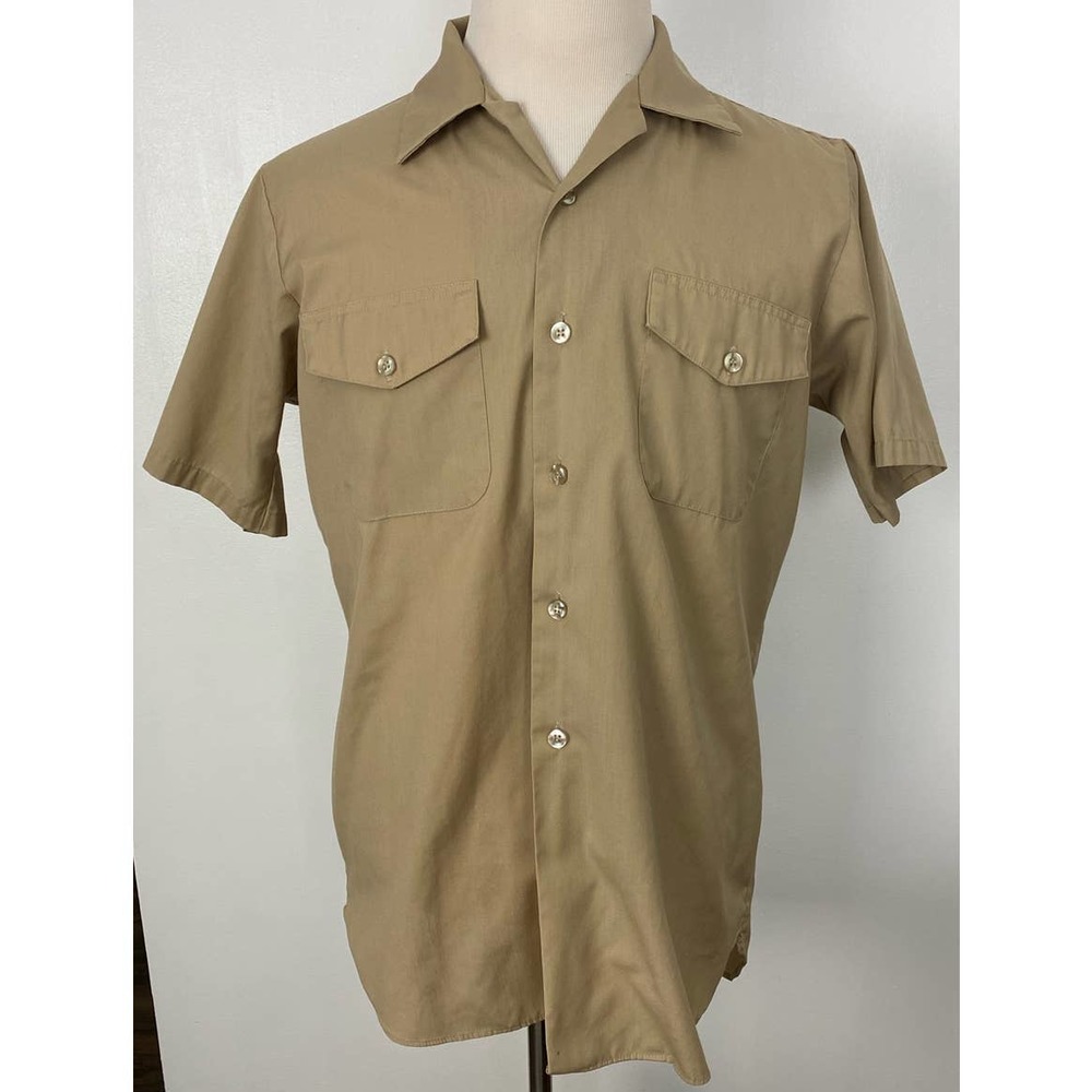 VTG 1960s Arrow Decton USA Navy Uniform tan button up short sleeve shirt, M